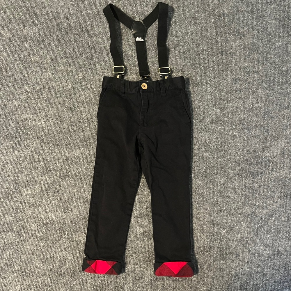 Tommy Bahama Boys Black Chino Pants with Suspenders Plaid Cuffs Size 2T